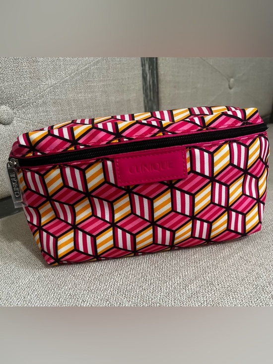 Clinique Handbags - Clinique Hot Pink Geometric Cosmetic Pouch with Yellow Accents